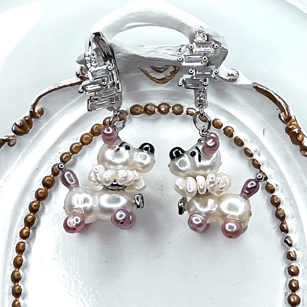 🐶 🎉🎉 Custom Handmade Freshwater Pearl Puppy 🐶 Earrings S925 SS CUTE!